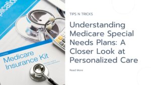 Medicare insurance kit and papers on the left with the business logo, blog title, and read more option on the right.
